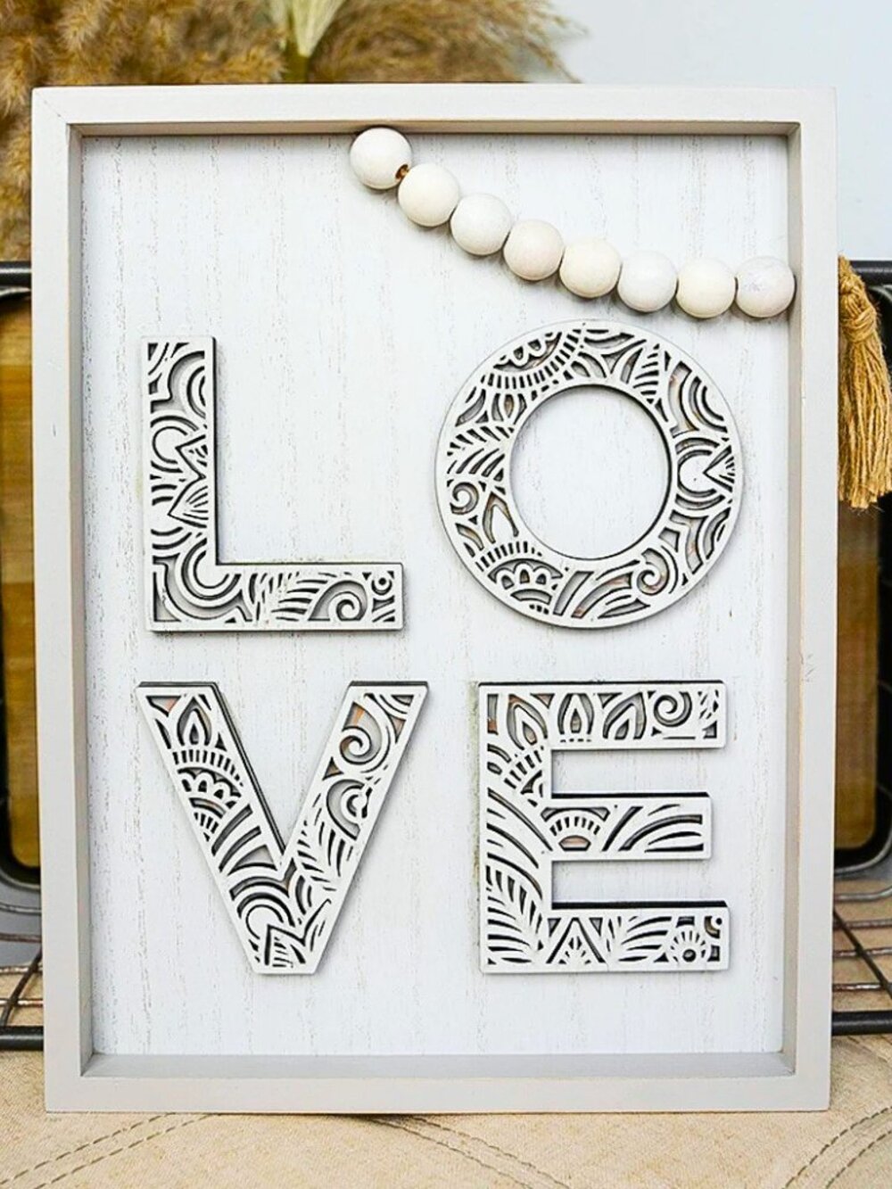 Boho Rustic Farmhouse LOVE Shelf or Wall Sign | Neutral Wood Framed Home Décor